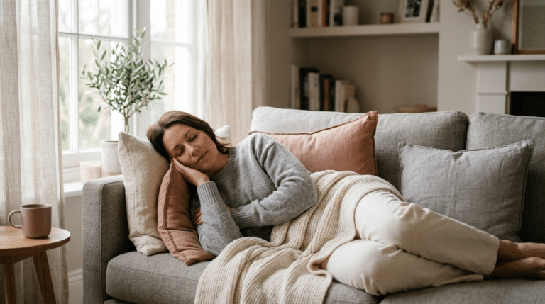 Woman resting comfortably at home during labiaplasty recovery, Centre for Surgery London
