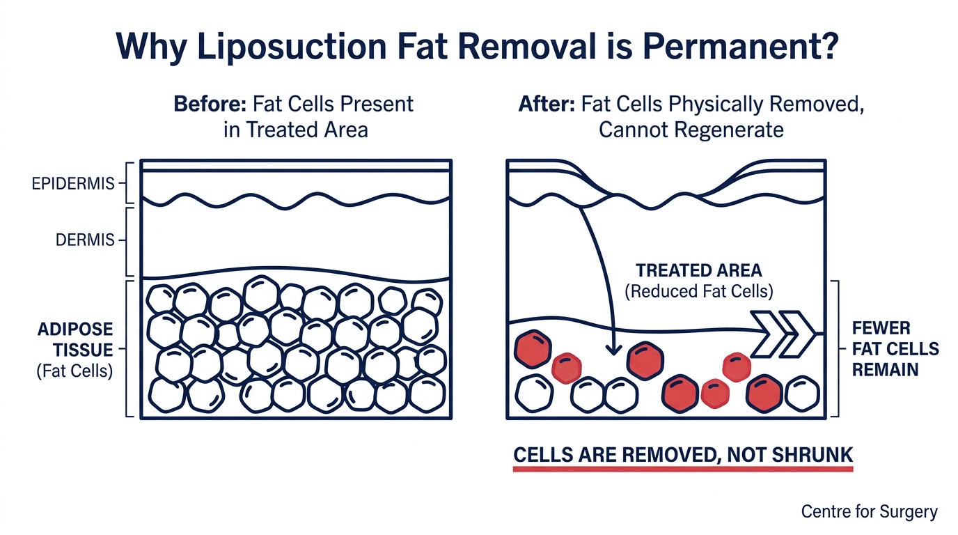 Diagram showing why liposuction fat removal is permanent at Centre for Surgery London — fat cells physically removed and cannot regenerate