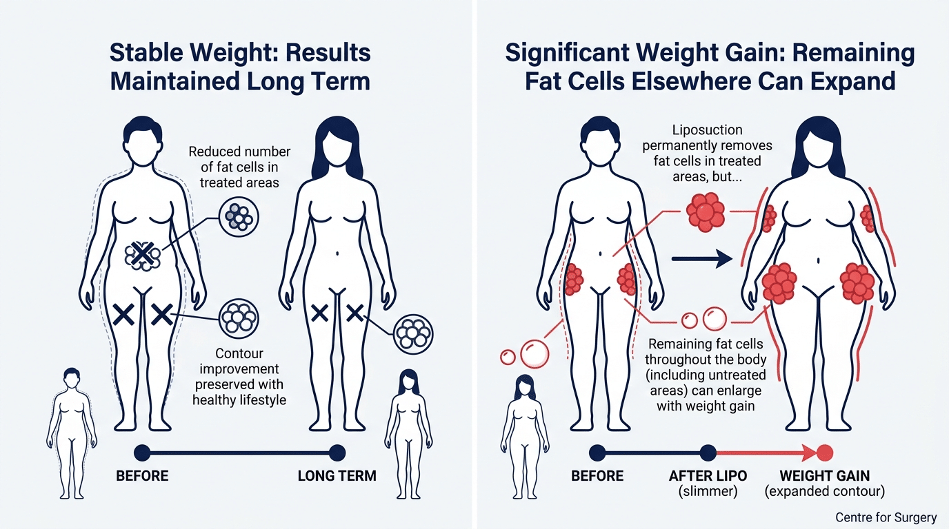 Comparison diagram showing liposuction outcomes with stable weight versus weight gain at Centre for Surgery London