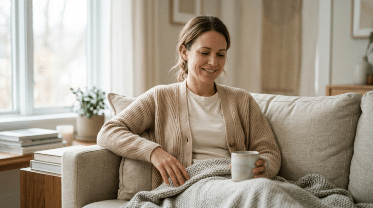 Person relaxing comfortably at home during liposuction recovery, Centre for Surgery London