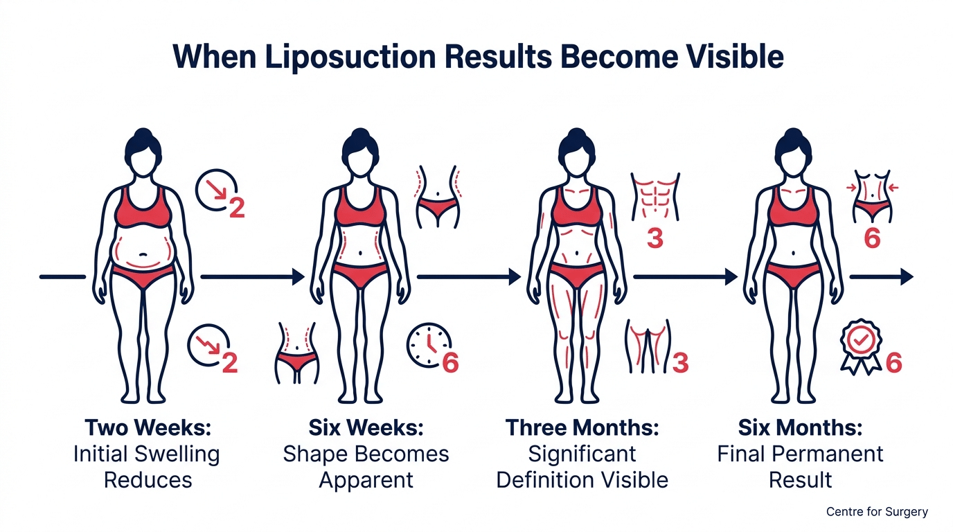 Timeline infographic showing when liposuction results become visible at Centre for Surgery London — two weeks to six months