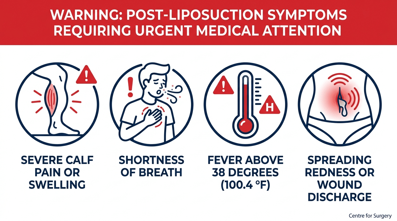 Warning diagram showing symptoms after liposuction that require urgent medical attention at Centre for Surgery London