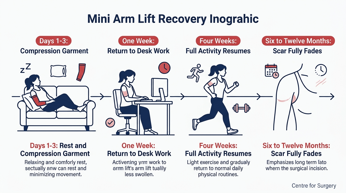 Timeline infographic showing mini arm lift recovery stages at Centre for Surgery London