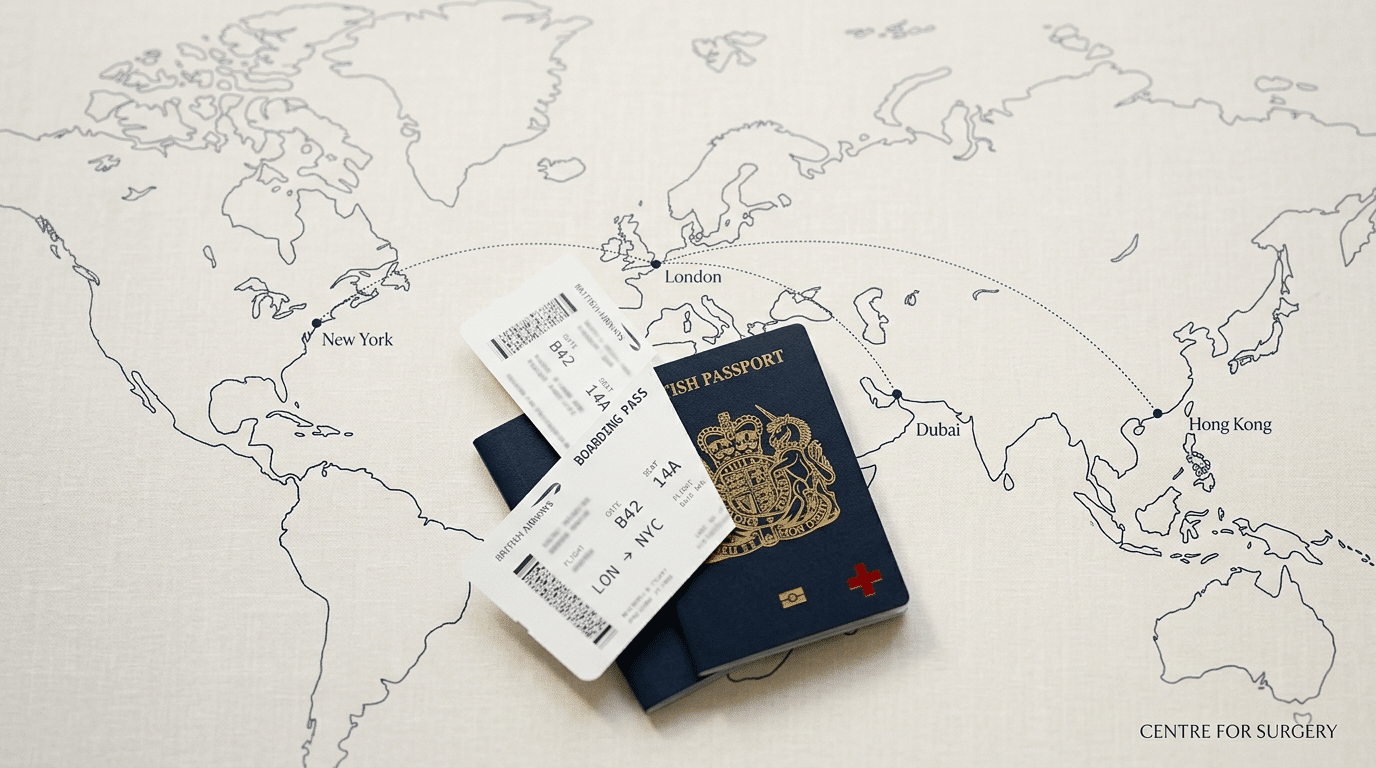 Passport, boarding pass and world map illustrating the decision to have a mummy makeover abroad versus in the UK