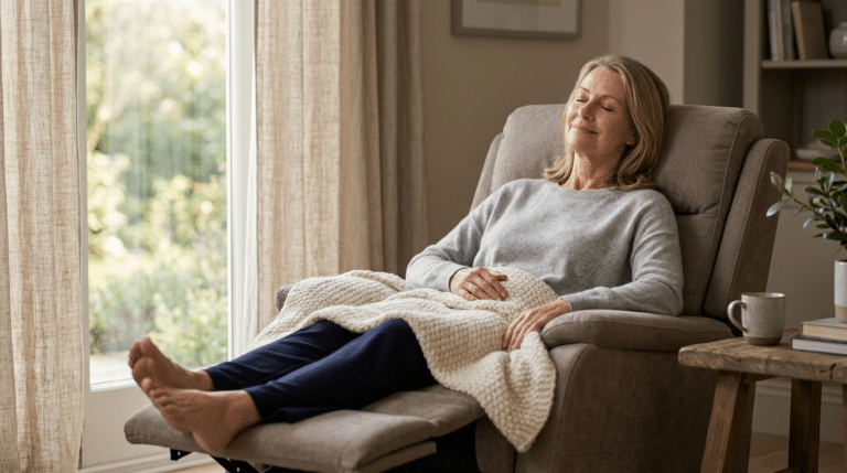 Person relaxing comfortably in a recliner during mummy makeover recovery, Centre for Surgery London