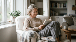 Woman relaxing comfortably at home during neck lift recovery, Centre for Surgery London