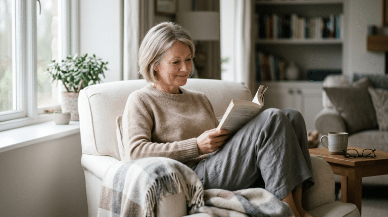 Woman relaxing comfortably at home during neck lift recovery, Centre for Surgery London