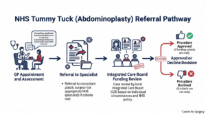 Flowchart showing the NHS tummy tuck referral pathway at Centre for Surgery London — GP assessment, specialist referral, ICB funding review, decision