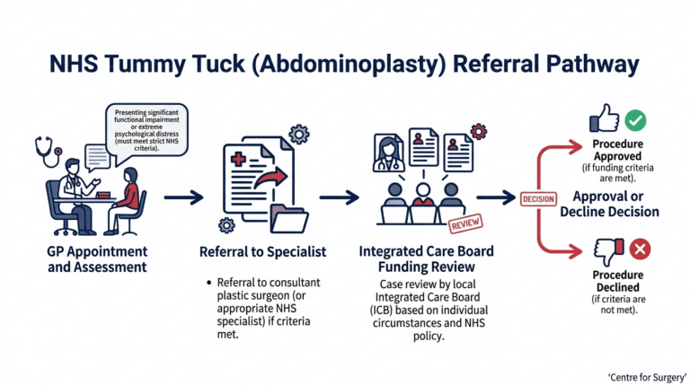 Flowchart showing the NHS tummy tuck referral pathway at Centre for Surgery London — GP assessment, specialist referral, ICB funding review, decision