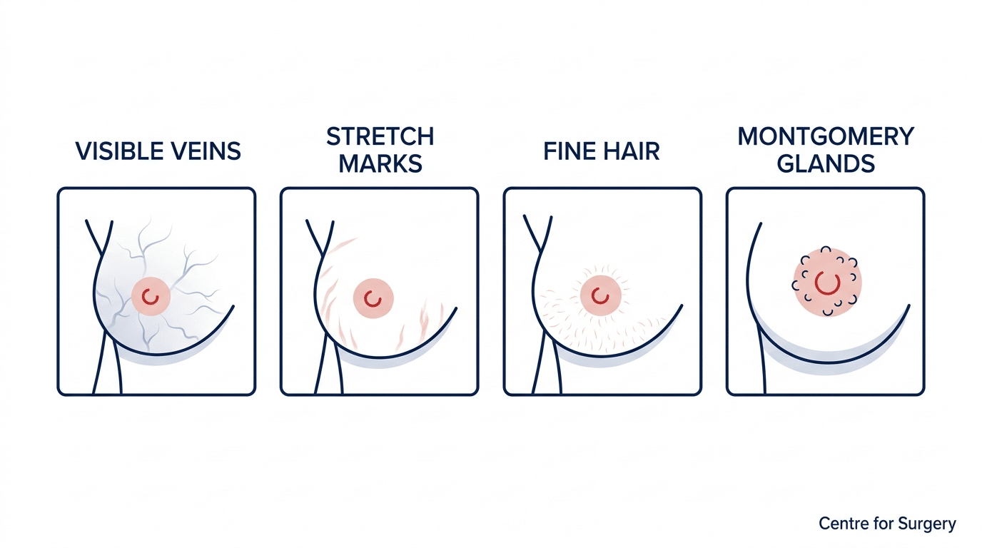 Infographic showing normal variation in breast skin: visible veins, stretch marks, fine hair and Montgomery glands