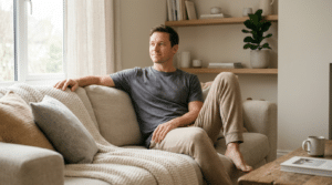 Man relaxing comfortably at home during pectoral implants recovery, Centre for Surgery London
