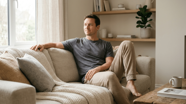 Man relaxing comfortably at home during pectoral implants recovery, Centre for Surgery London