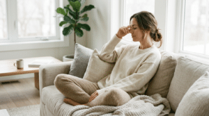 Woman relaxing comfortably at home during rhinoplasty recovery, Centre for Surgery London