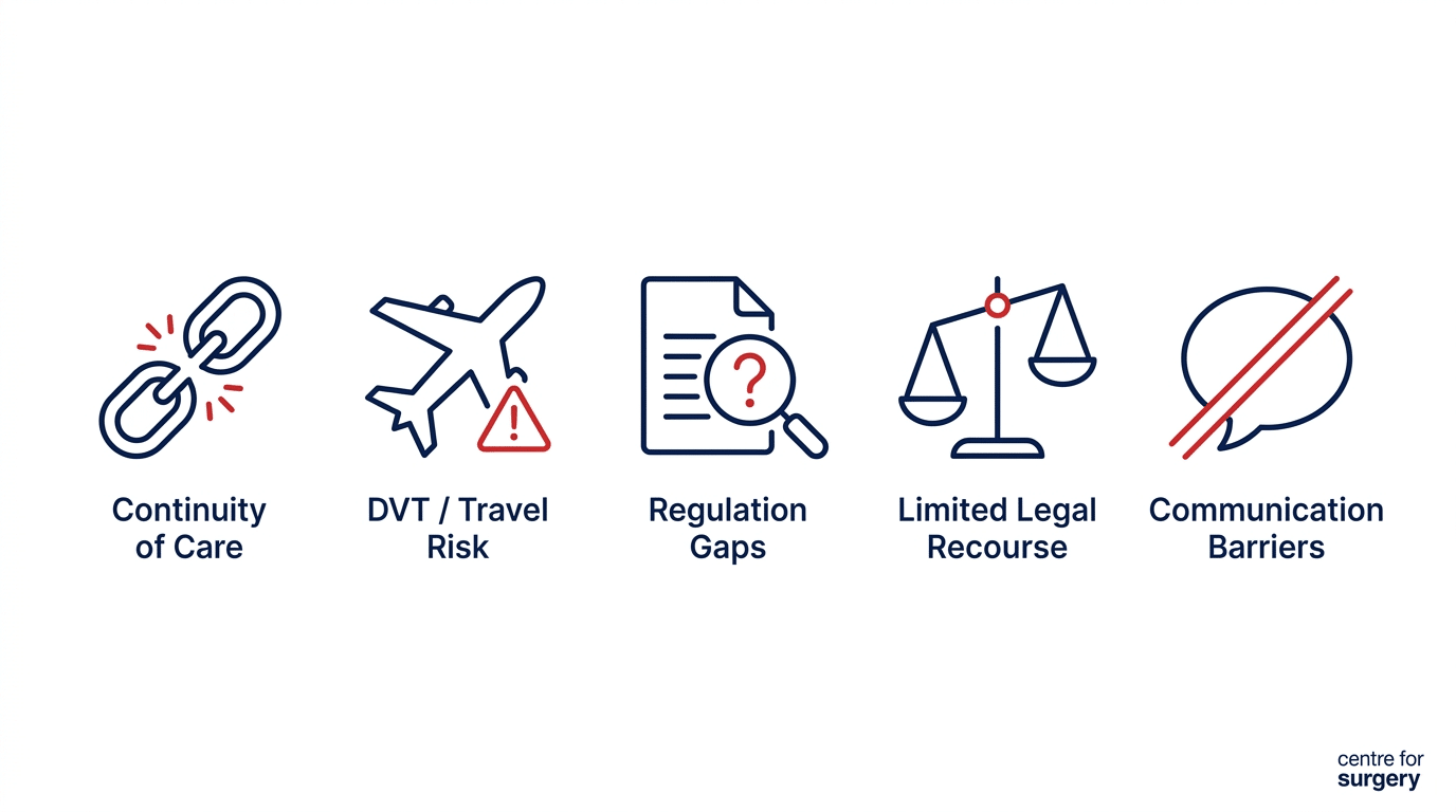 Diagram showing five key risks of having a mummy makeover abroad: continuity of care, DVT travel risk, regulation gaps, limited legal recourse, and communication barriers