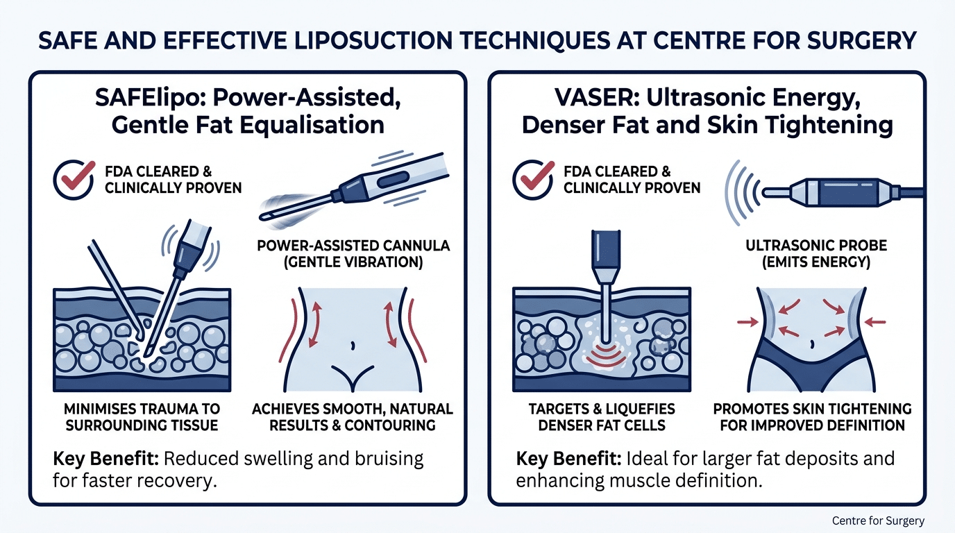 Diagram showing both power-assisted liposuction and VASER liposuction as safe techniques offered at Centre for Surgery London
