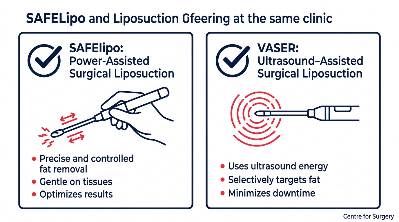 Diagram showing power-assisted liposuction and VASER as safe surgical liposuction techniques offered at Centre for Surgery London, not risky alternatives