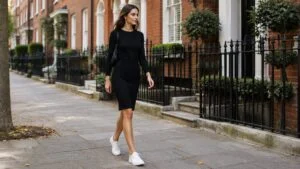 Slim woman in a fitted black dress walking along a Marylebone street in London, considering a skinny BBL versus a standard BBL