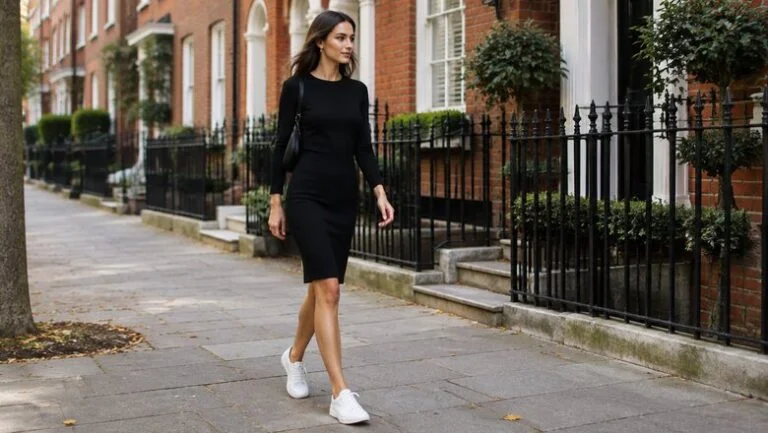 Slim woman in a fitted black dress walking along a Marylebone street in London, considering a skinny BBL versus a standard BBL