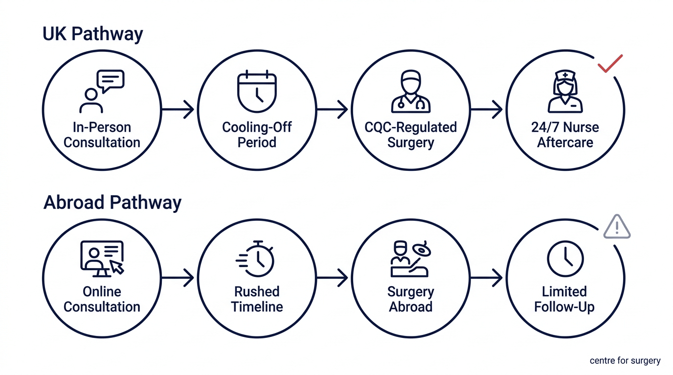 Flowchart comparing the UK patient journey to the abroad patient journey for mummy makeover surgery from consultation to aftercare