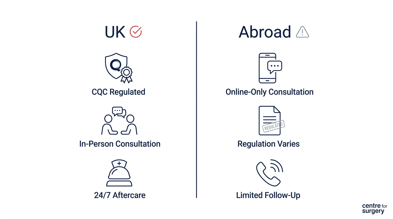 Comparison diagram of UK versus abroad mummy makeover surgery covering CQC regulation, in-person consultation, and aftercare access