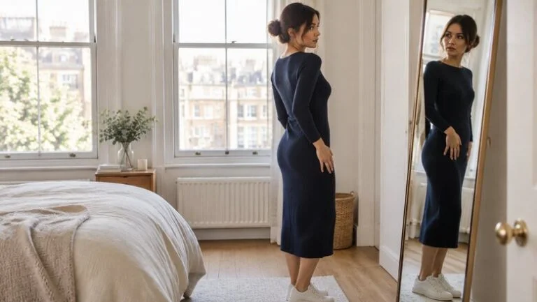 Woman in a fitted navy dress checking the shape of her buttocks in a bedroom mirror, wondering why one buttock looks bigger than the other
