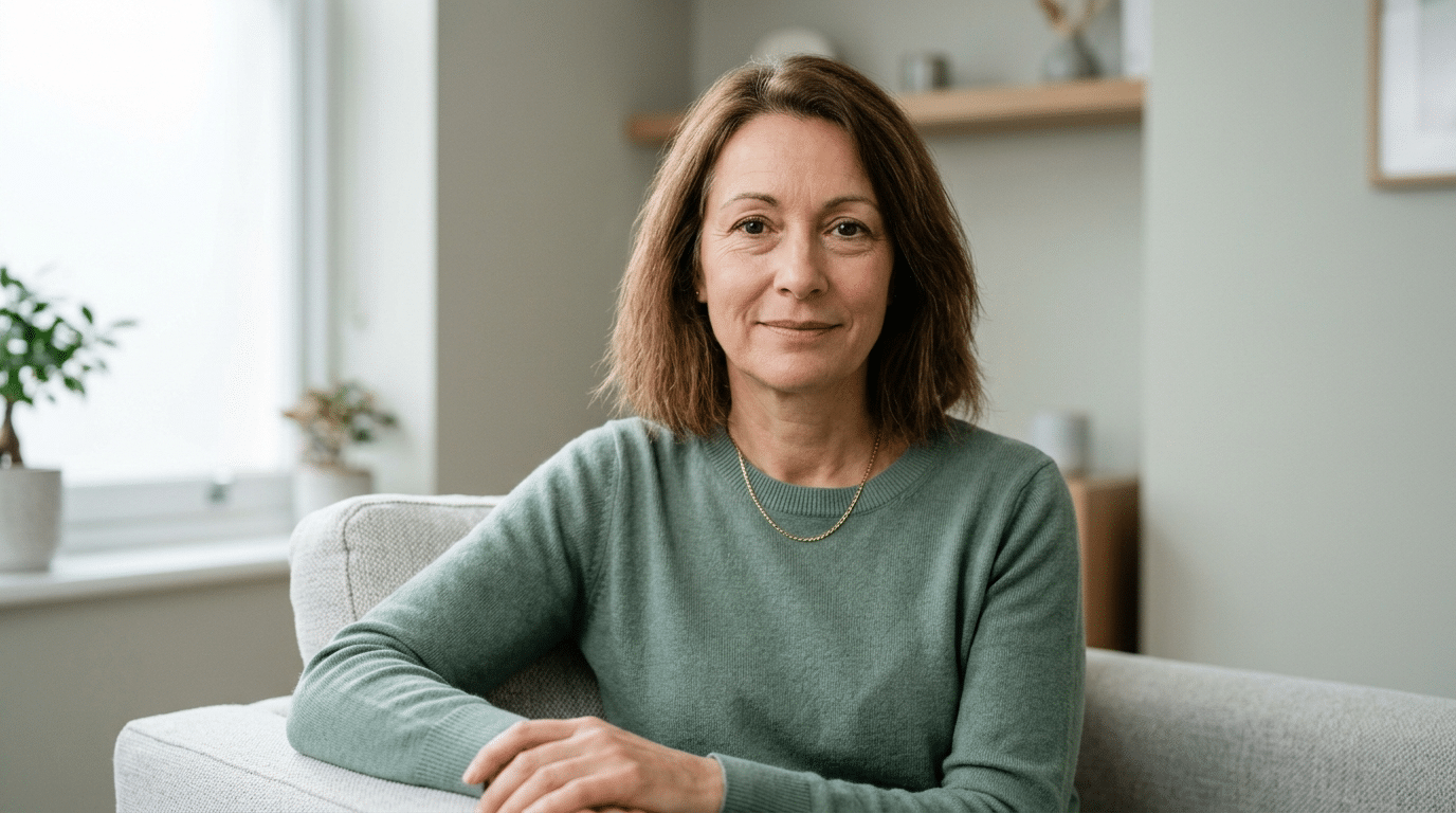 Woman in her early fifties in natural daylight showing hooded upper eyelids and mild lower-lid puffiness — the two concerns treated by upper and lower blepharoplasty at Centre for Surgery London