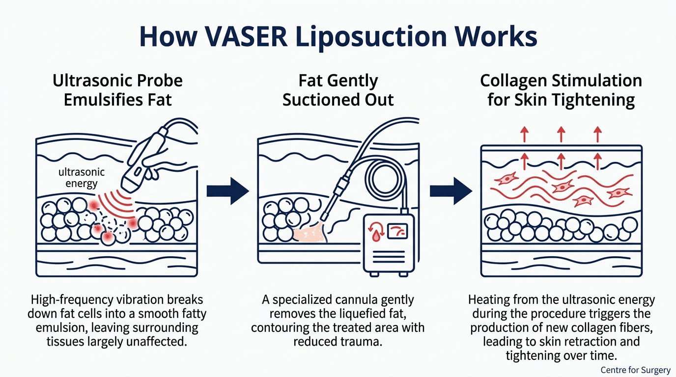Diagram showing how VASER liposuction works using ultrasonic energy at Centre for Surgery London