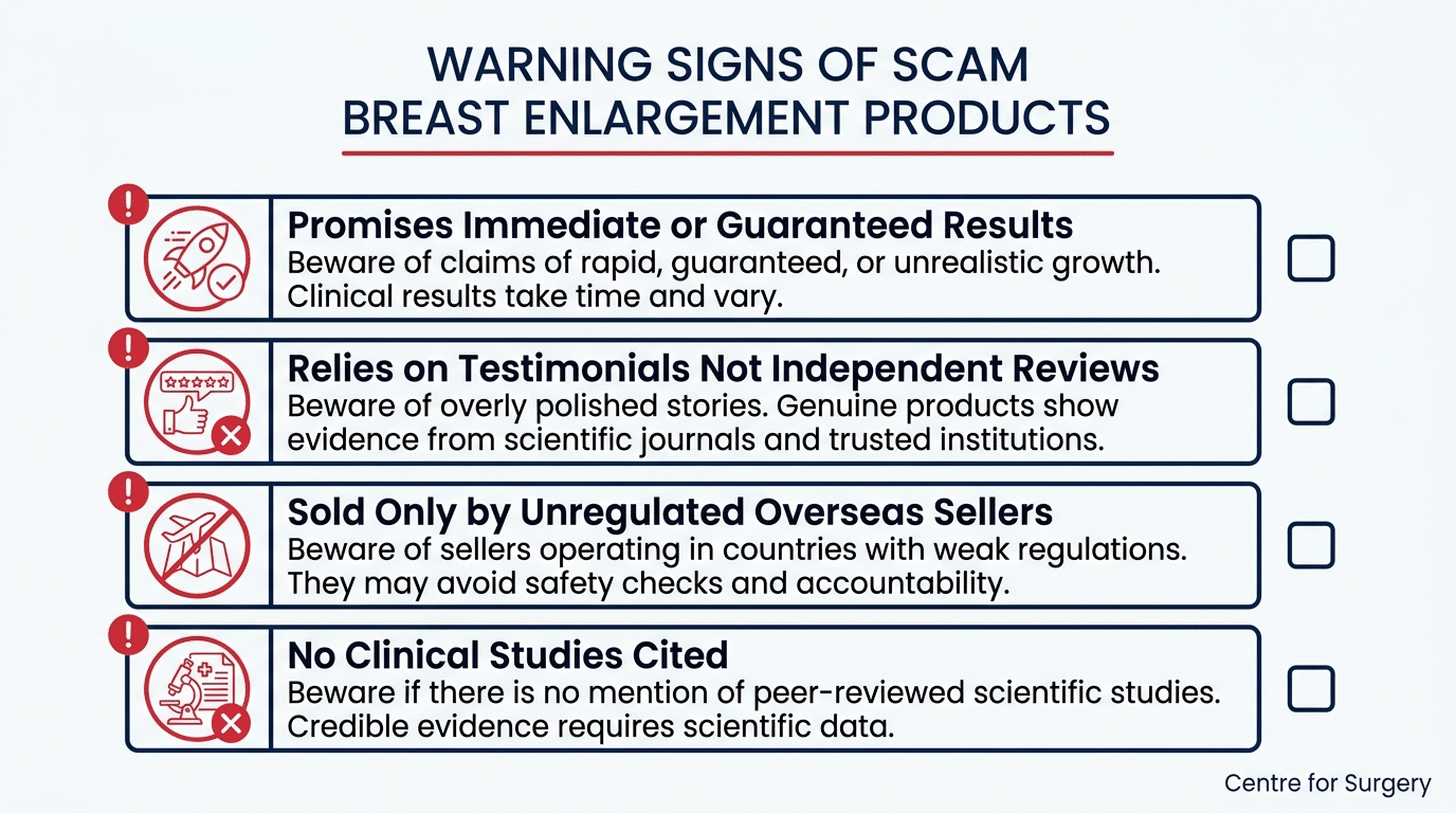 Checklist of warning signs of scam breast enlargement products at Centre for Surgery London — promises of immediate results, reliance on testimonials, unregulated overseas sellers, and no clinical studies cited