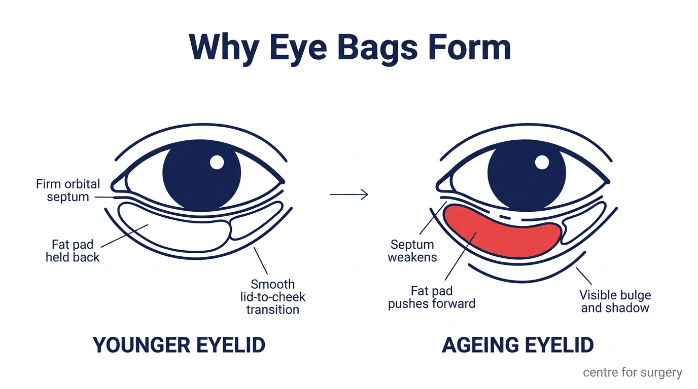 Cross-section diagram comparing a younger eyelid with a firm orbital septum against an ageing eyelid where the septum weakens and the fat pad pushes forward to create a visible eye bag, Centre for Surgery London