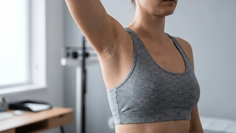 Woman in a fitted sports bra with arm raised showing the armpit area where accessory breast tissue develops — accessory breast tissue removal at Centre for Surgery London