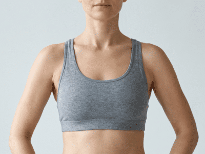 Woman in a fitted sports bra showing the armpit and side chest area where armpit fat and accessory breast tissue appear — Centre for Surgery London