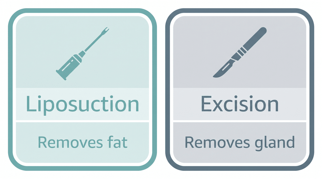 Diagram comparing liposuction which removes fat with surgical excision which removes glandular tissue for armpit fat removal — Centre for Surgery London