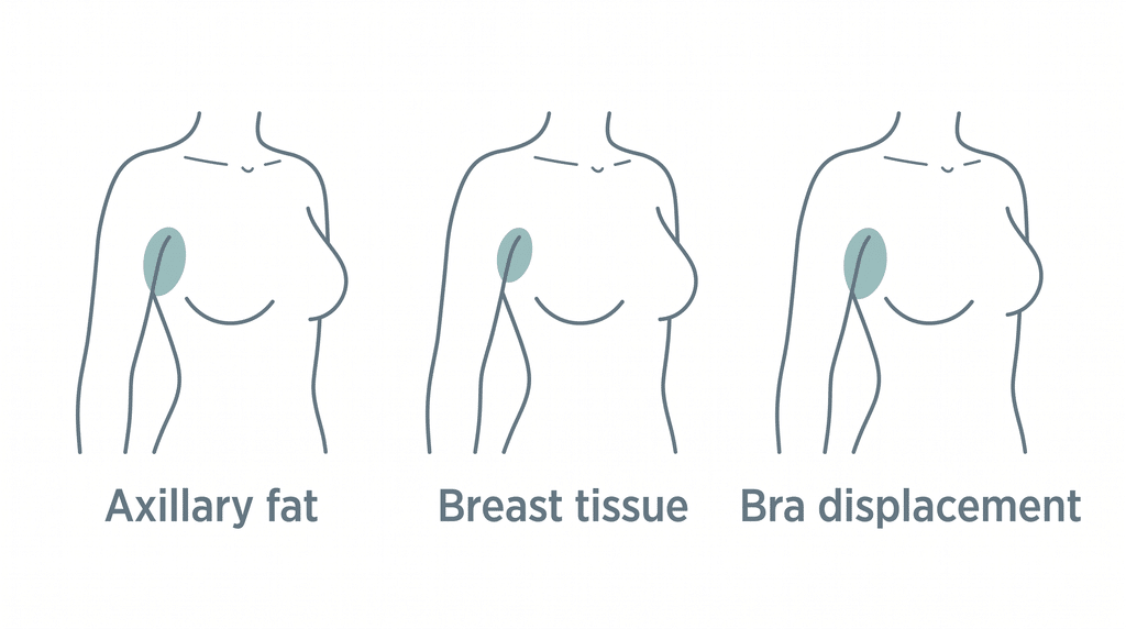 Diagram comparing the three causes of armpit fat — axillary fat, accessory breast tissue and bra displacement — shown on three torso outlines, Centre for Surgery London