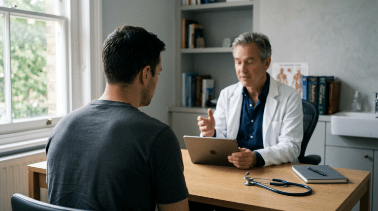 Man in consultation with a plastic surgeon at Centre for Surgery London discussing his chest after gynaecomastia surgery