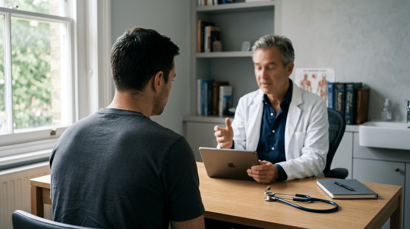 Man in consultation with a plastic surgeon at Centre for Surgery London discussing his chest after gynaecomastia surgery