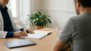 Man in a second-opinion consultation with a plastic surgeon at Centre for Surgery London discussing gynaecomastia revision surgery