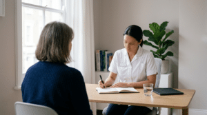 Woman in consultation with a practitioner at Centre for Surgery London discussing treatment for nasolabial folds and smile lines