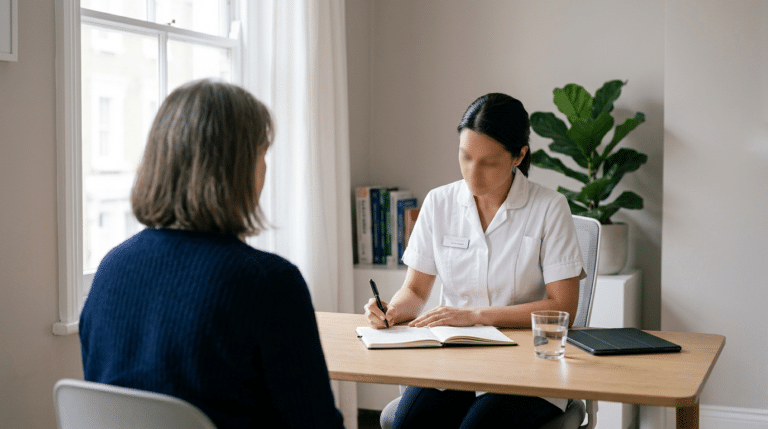 Woman in consultation with a practitioner at Centre for Surgery London discussing treatment for nasolabial folds and smile lines