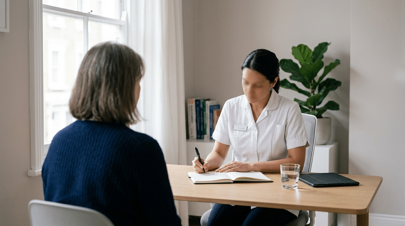 Woman in consultation with a practitioner at Centre for Surgery London discussing treatment for nasolabial folds and smile lines