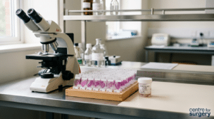 Histopathology laboratory bench with microscope, stained tissue slides and a labelled specimen pot