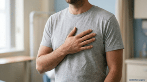 Man checking one side of his chest for one-sided gynaecomastia swelling
