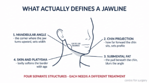 Diagram showing the four structures that define a jawline — the mandibular angle, chin projection, submental fat and skin laxity, each requiring different treatment