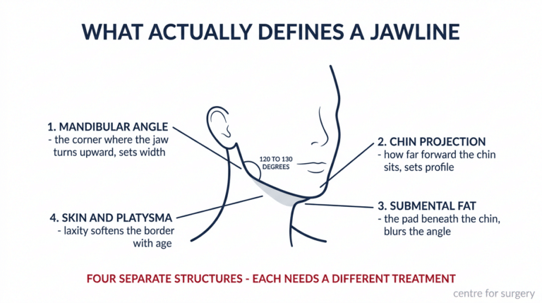 Diagram showing the four structures that define a jawline — the mandibular angle, chin projection, submental fat and skin laxity, each requiring different treatment