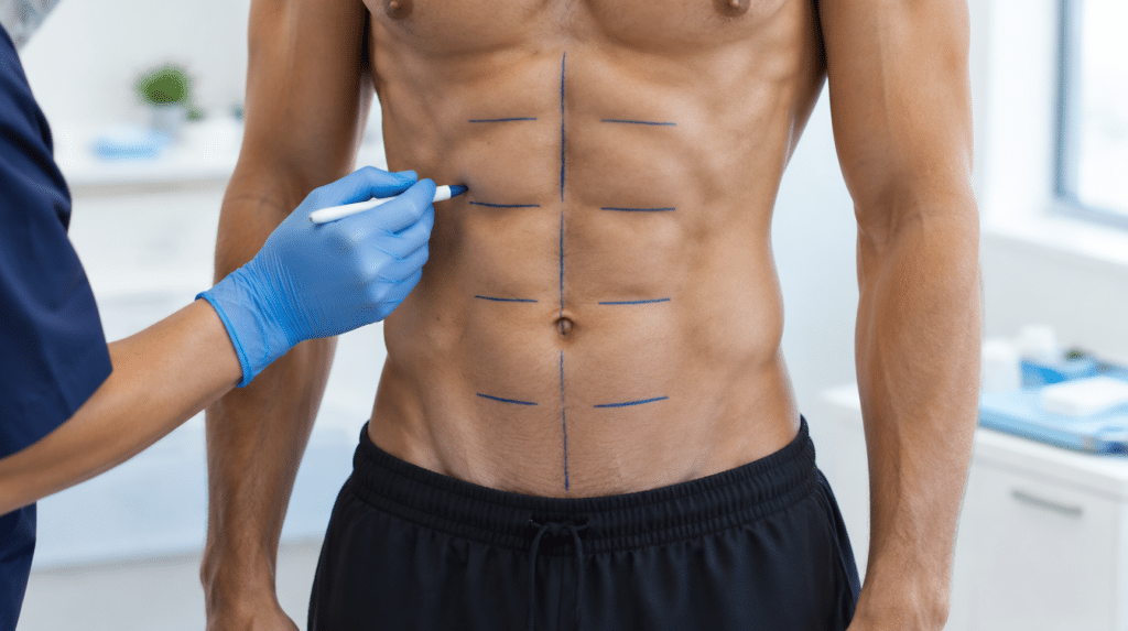 Illustrative photograph of a surgeon marking abdominal etching lines on the lean abdomen of a man before six pack surgery