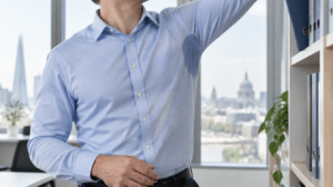 Illustrative photograph of a man in a blue office shirt with a sweat patch under his raised arm, showing axillary hyperhidrosis