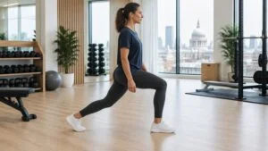 Woman in her thirties doing a walking lunge in a bright London gym, wearing charcoal leggings and a navy t-shirt