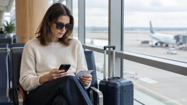 Woman in her thirties wearing dark sunglasses in an airport departure lounge with a small cabin suitcase, waiting for a flight
