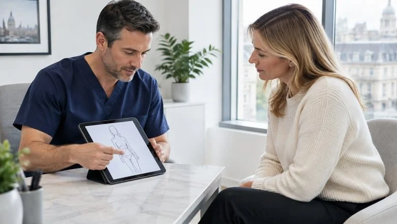 Illustrative photograph of a consultant plastic surgeon discussing body contouring options with a patient at a clinic in London