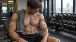 Lean, muscular bodybuilder sitting on a gym bench after a chest workout, looking down at his chest, concerned about bodybuilder gyno