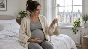 Pregnant woman sitting on a bed in a bright London bedroom, one hand on her bump, holding a soft maternity bra as her breasts change during pregnancy